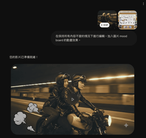 摩托車騎行夜景,兩人穿著黑色皮衣,戴著頭.