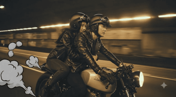 摩托車夜騎,男女騎士穿著皮衣在城市街道快.