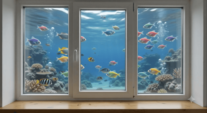 海底世界的窗外景色,展示多彩熱帶魚在珊瑚.
