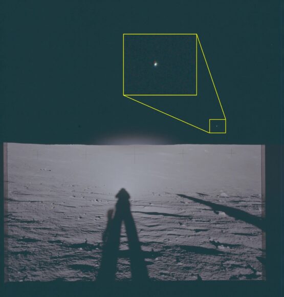 月球表面夜空中的行星和星星.
