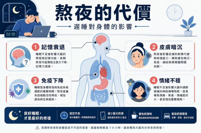 熬夜對身體的影響,包括記憶衰退、皮膚暗沉.