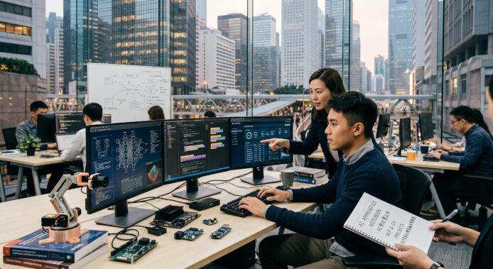高科技辦公室內,員工使用多個電腦屏幕進行數據分析與協作.
