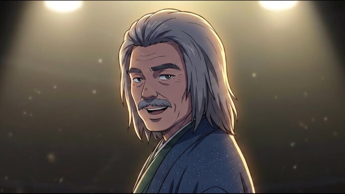 古代武士動畫人物,具有長髮和傳統服飾,背.