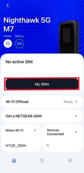 Nighthawk 5G M7手機顯示無活動SIM卡界面.