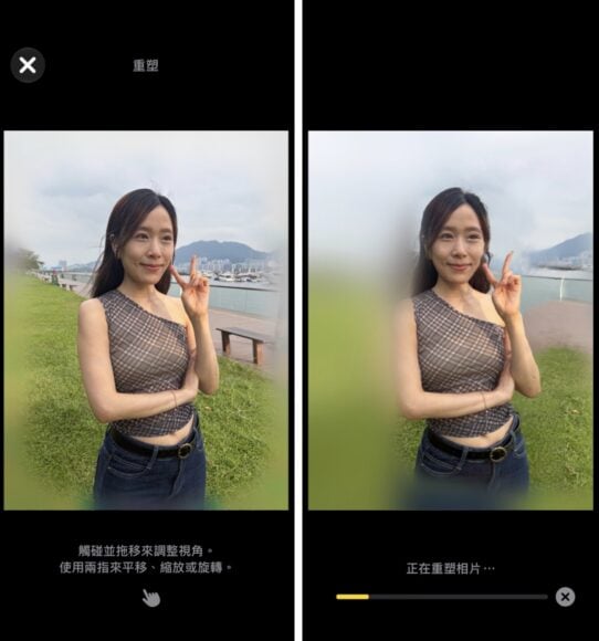 女性在海邊背景中微笑比V手勢.