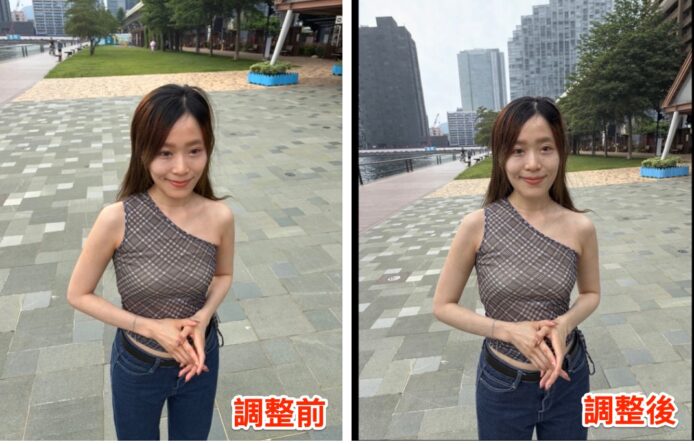女孩街頭拍照前後修圖對比.