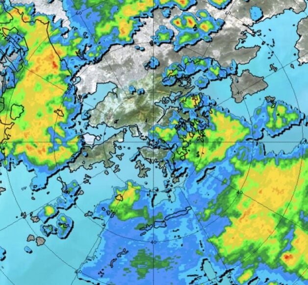 天氣雷達圖示,顯示香港及周邊地區的降雨情.