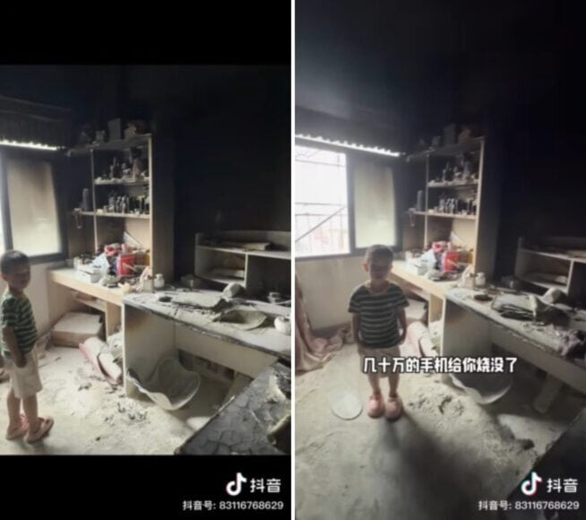 男童在被燒毀的房間內玩火.