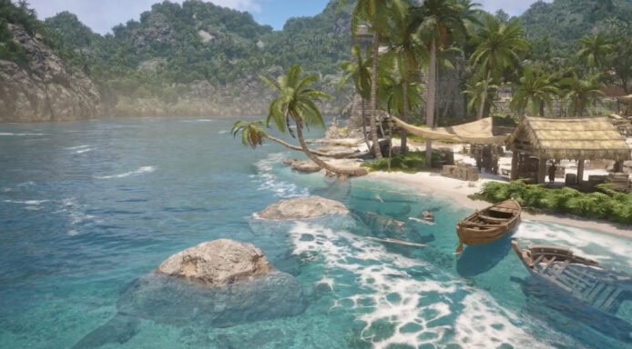 熱帶海灘景色,碧藍海水與棕櫚樹.