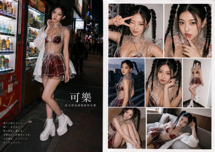 時尚少女穿著潮流服飾在街頭拍照.