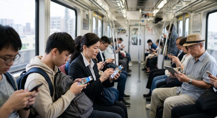 乘客在地鐵上使用手機.