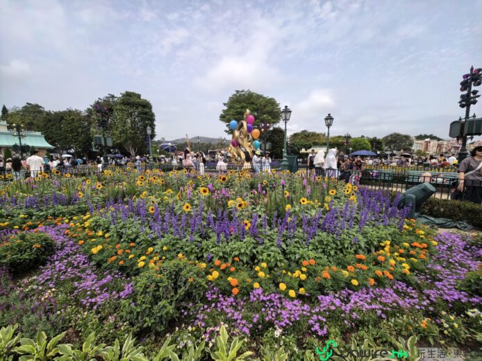 花園中盛開的紫色和黃色花卉,背景是遊客和.