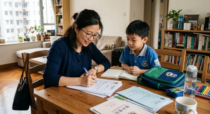 母子在家中一起學習和做功課.