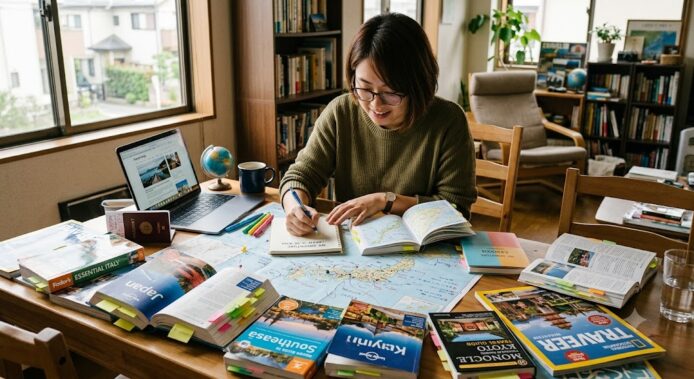 女性在書房中閱讀和整理資料.