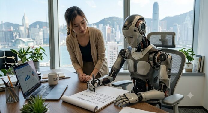 人與機械人在辦公室討論.