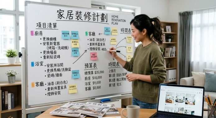女性在白板前規劃家居裝修項目.
