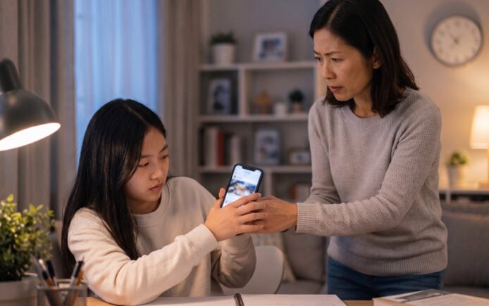母女使用手機進行家庭監護.