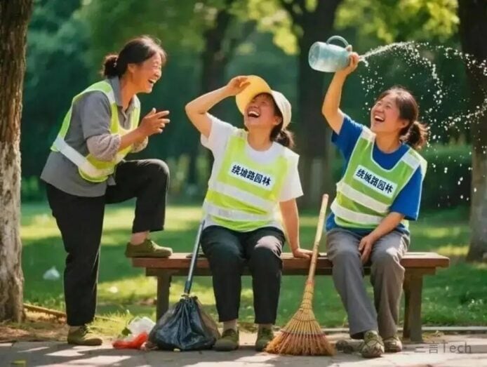 環衛工人在公園中快樂工作和休息.