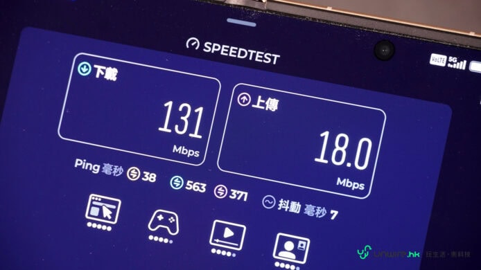 手機屏幕顯示131 Mbps下載速度和18 Mbps上傳速度.