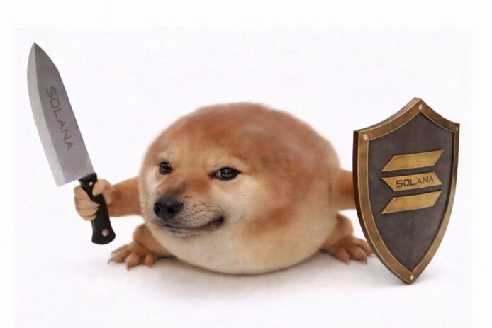 迷因狗扮成武士持刀和盾牌.