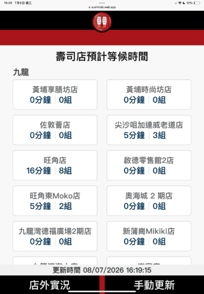 壽司郎排隊等候時間顯示牌.