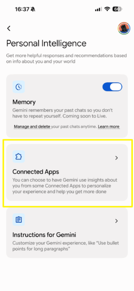 Gemini應用界面顯示連接應用設定.