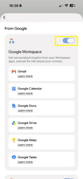 Google Workspace設定界面顯示Gmail選項.