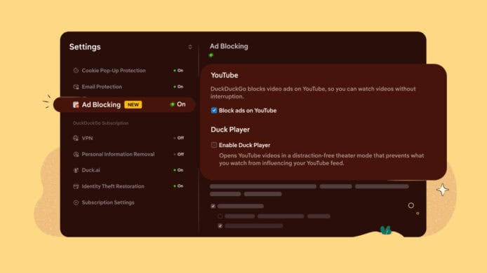 DuckDuckGo 阻擋 YouTube廣告的瀏覽器設置界面.