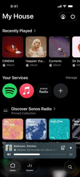 Sonos手機App界面，底部分頁導航與喇叭排序功能.