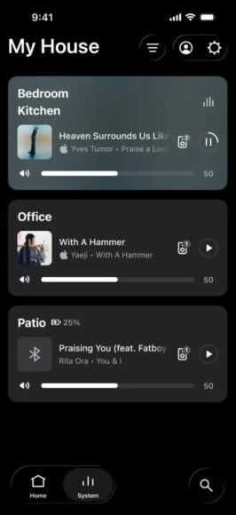 Sonos手機App界面，顯示多房間音樂控制.
