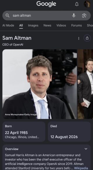 Google 搜索顯示 Sam Altman 的資料.