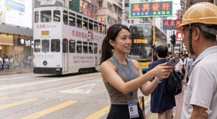 女子在街上用手機與工人交流.