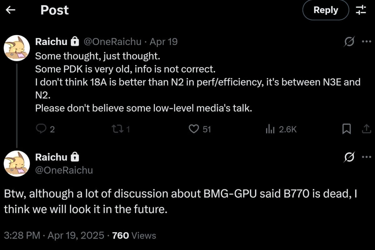 X post by OneRaichu, discussing Intel processes as well as Arc B770 GPU.