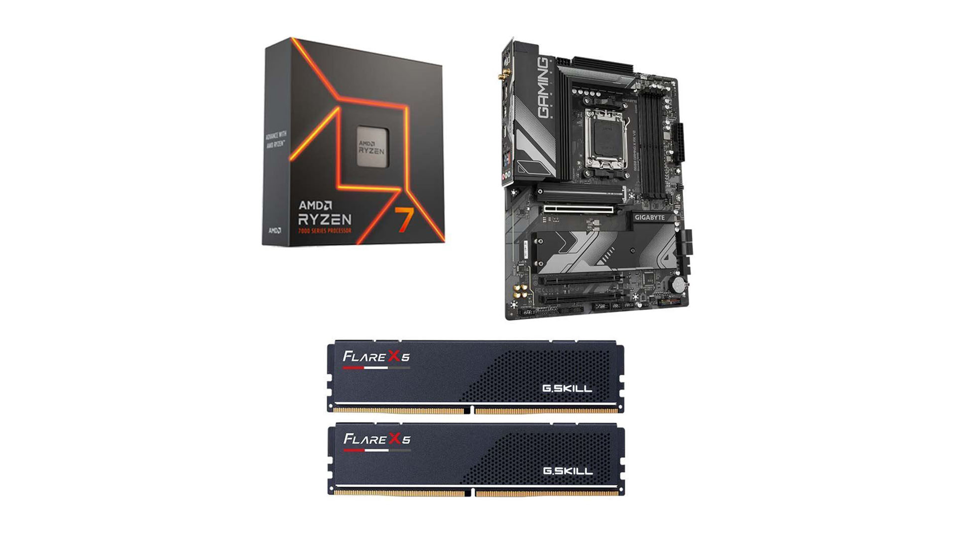 Ryzen 7 7700X, GIGABYTE B650 GAMING X AX V2 motherboard, and 32GB G.SKILL Flare X5 PC bundle available for $349.99 at Micro Center