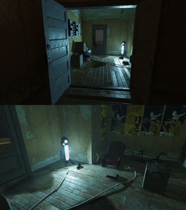 Dimly lit, cluttered room with open door, cardboard boxes, and glowing lamp, evoking mystery.