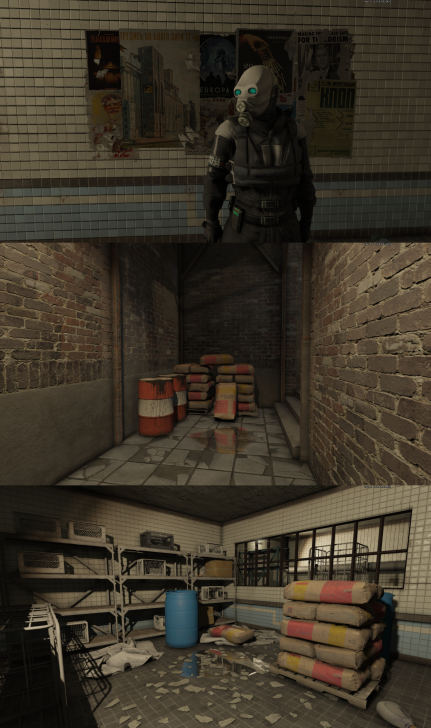 Dystopian scene with masked figure, barrels, and industrial supplies in an abandoned warehouse.