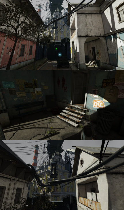 Urban alleyway with industrial architecture and overhead cables, featuring warning signs.