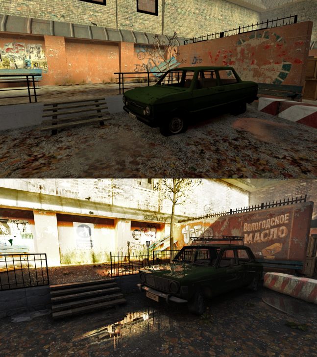 Green car parked by graffiti in urban alley, autumn leaves scattered, sunlight filtering through.