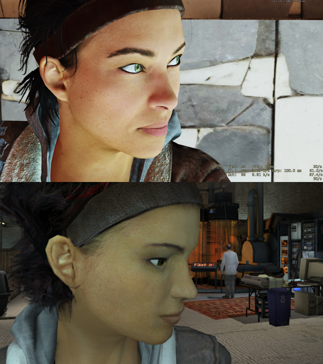 Close-up of a fictional character with green eyes in a digital environment, focused expression.