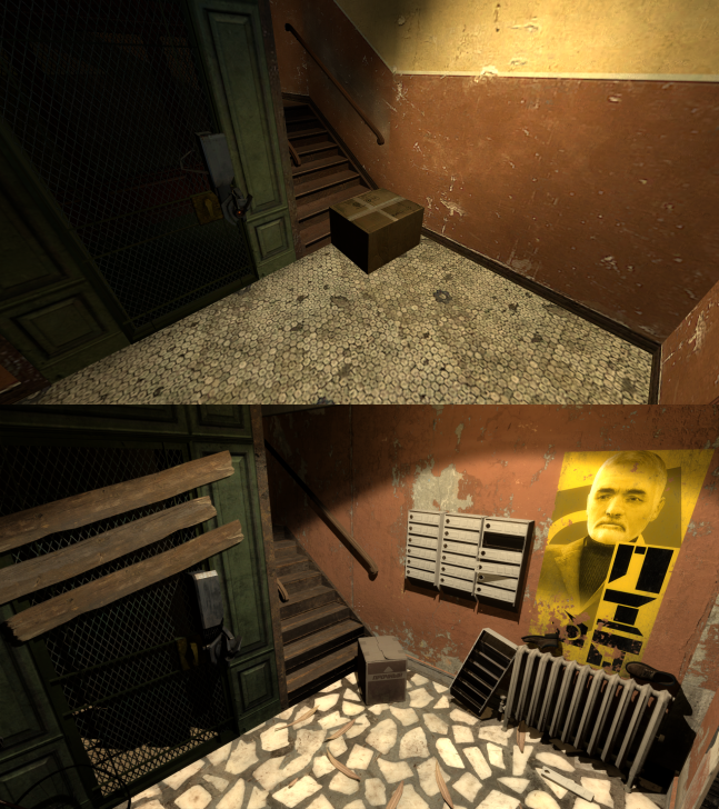 Dimly lit stairwell with a box and poster on a textured wall.