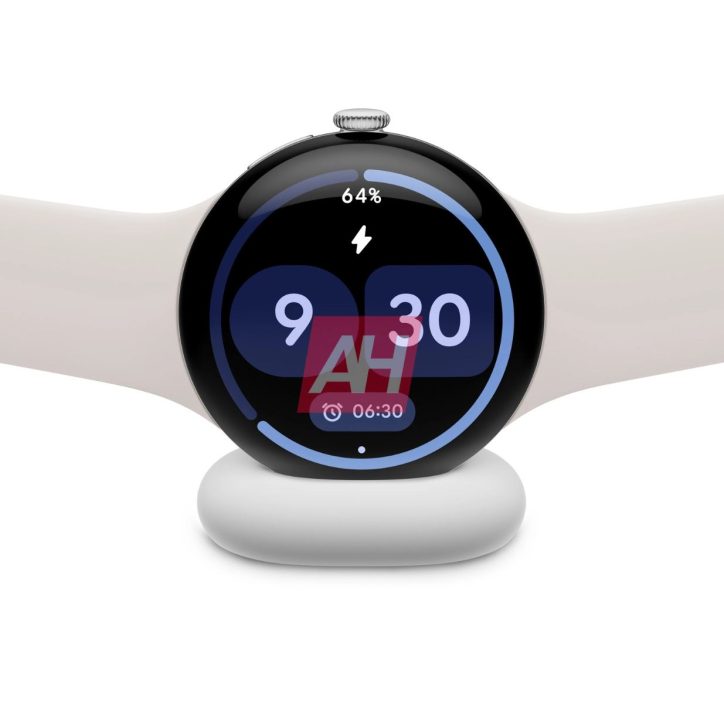 Smartwatch with round face on a charging dock, displaying time 9:30 and battery at 64%.