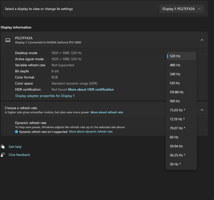 Monitor settings showing 1920x1080 resolution at 520Hz with NVIDIA GeForce RTX 5090 connection.