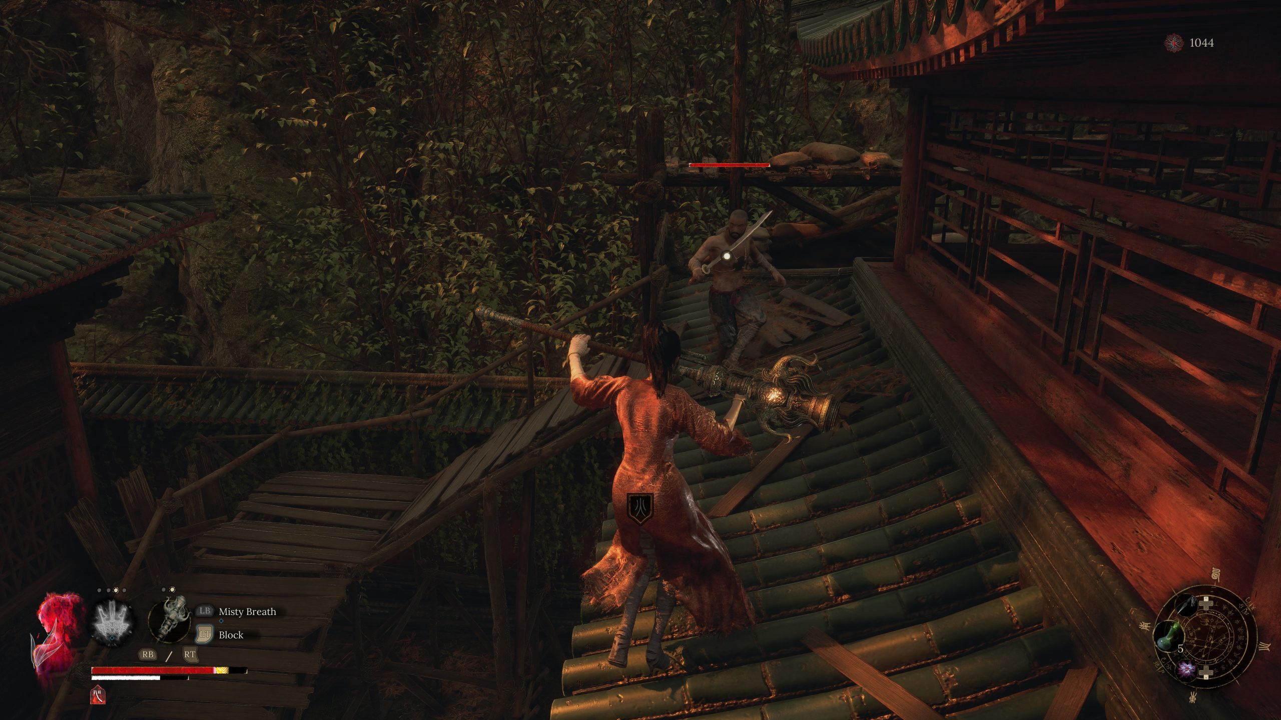 Video game character battle on a rooftop in a forest setting.