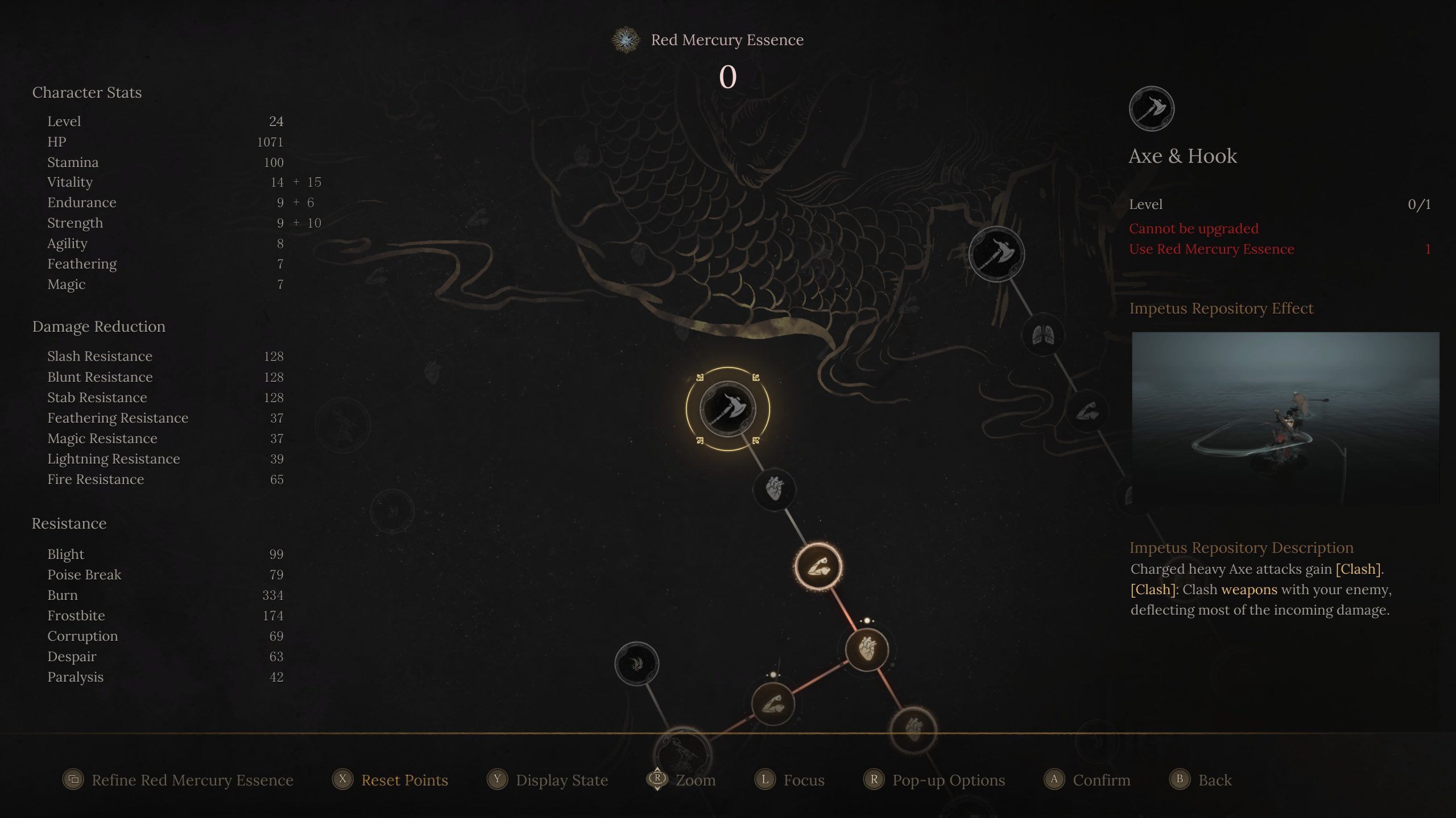 Game skill tree screen showing character stats and upgrade path options.