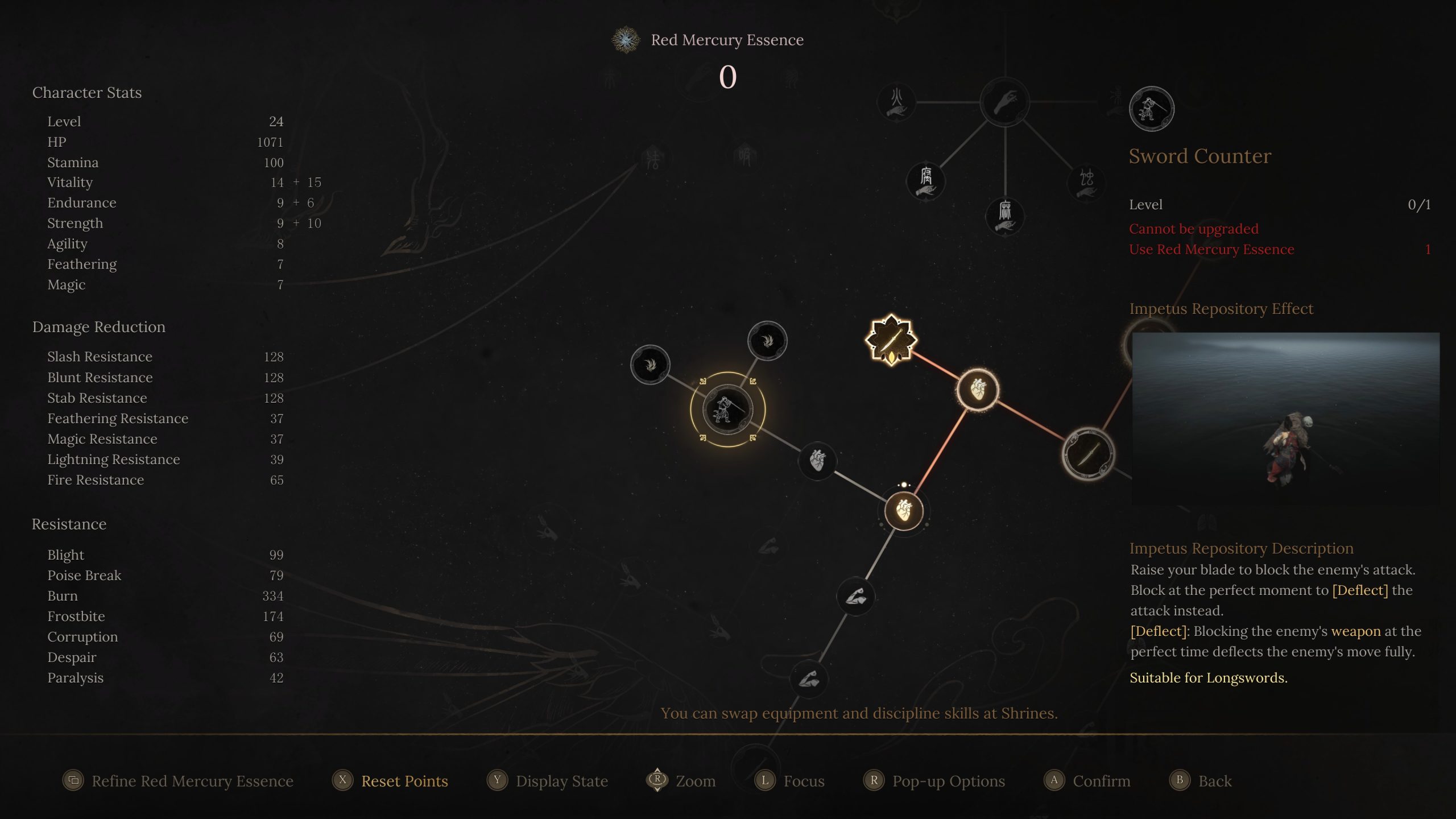 Game character stats and skill tree screen showing attributes and ability levels.