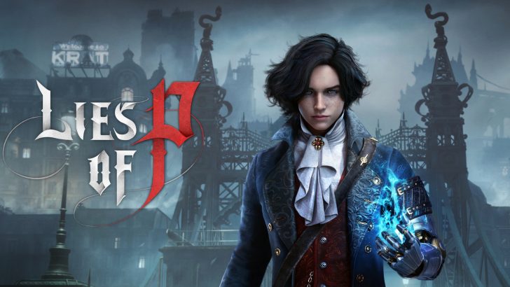 Character with glowing arm in dark fantasy cityscape, Lies of P game cover art.