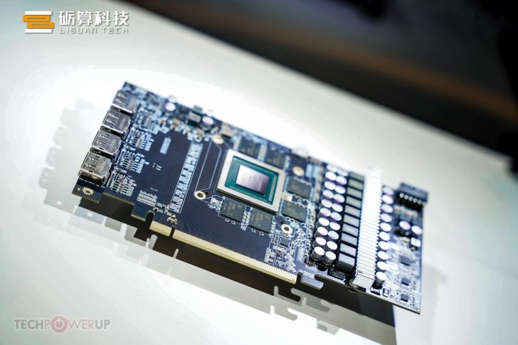Close-up of a high-performance graphics card on display, with detailed circuitry visible.