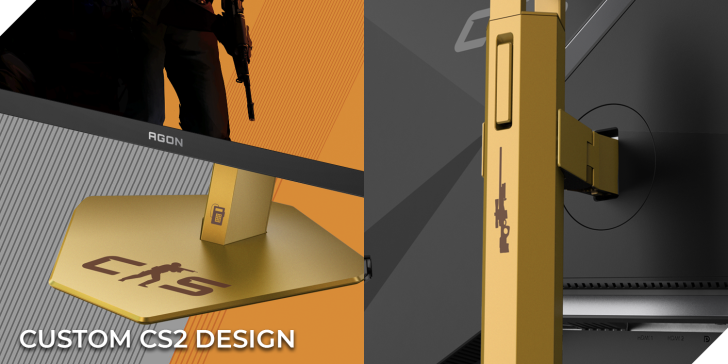 Custom CS2-themed Agon monitor with gold accents and game graphics design.