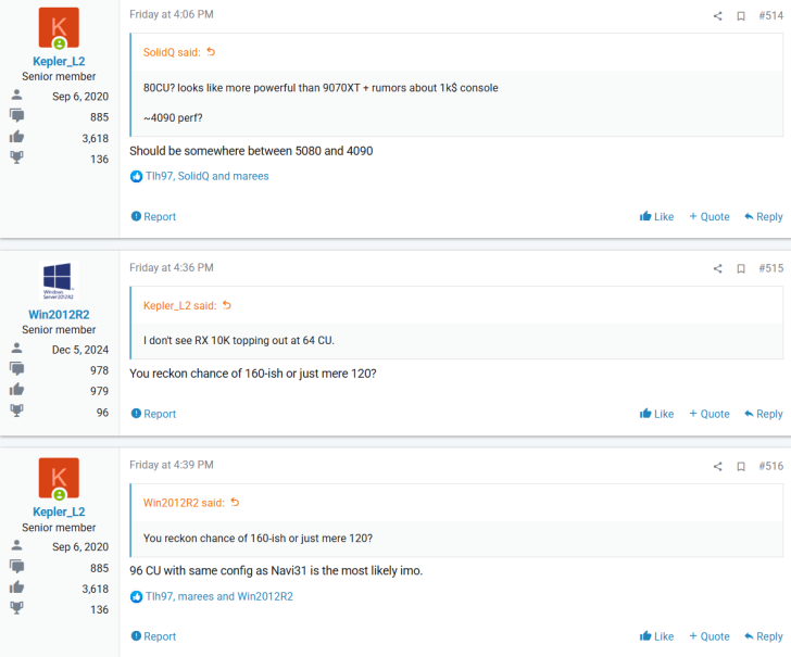 Forum discussion about upcoming graphics card specs, focusing on CUs and performance.