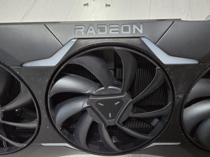Close-up of Radeon graphics card with visible cooling fans.